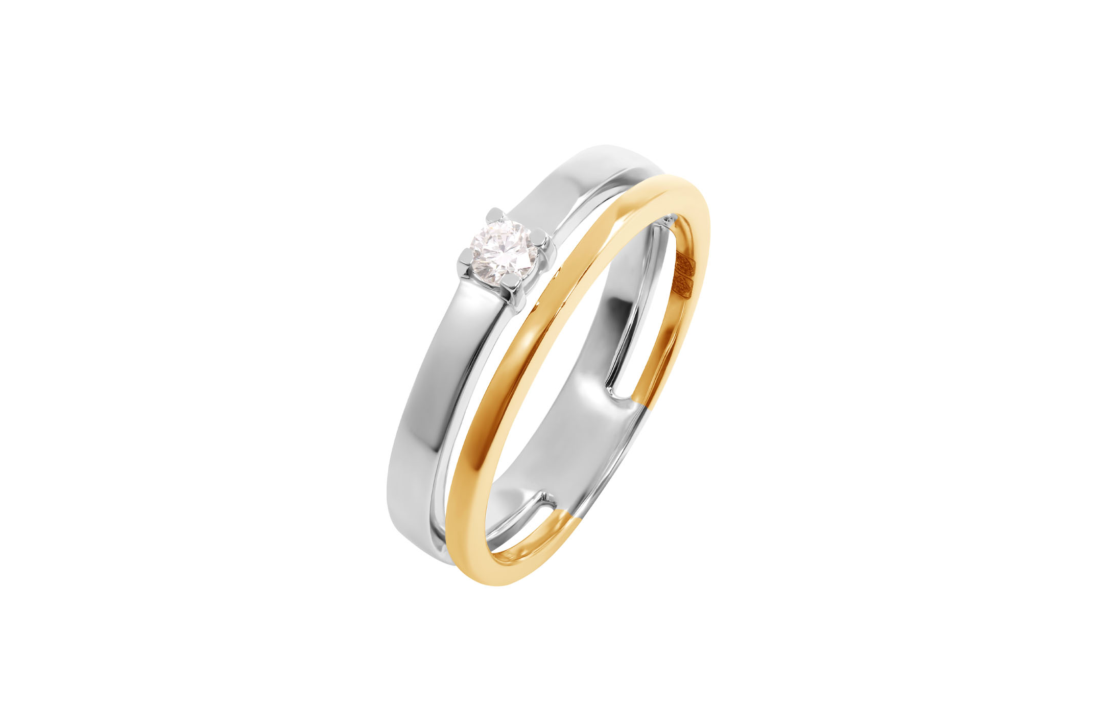 Jewel: ring;Material: gold 18k;Weight: 5.5 gr;Stones: 1 diamonds 0.15 ct GH/VVS;Color: bicolor;Thickness: 0.3 cm;Diamond size: 0.2 cm