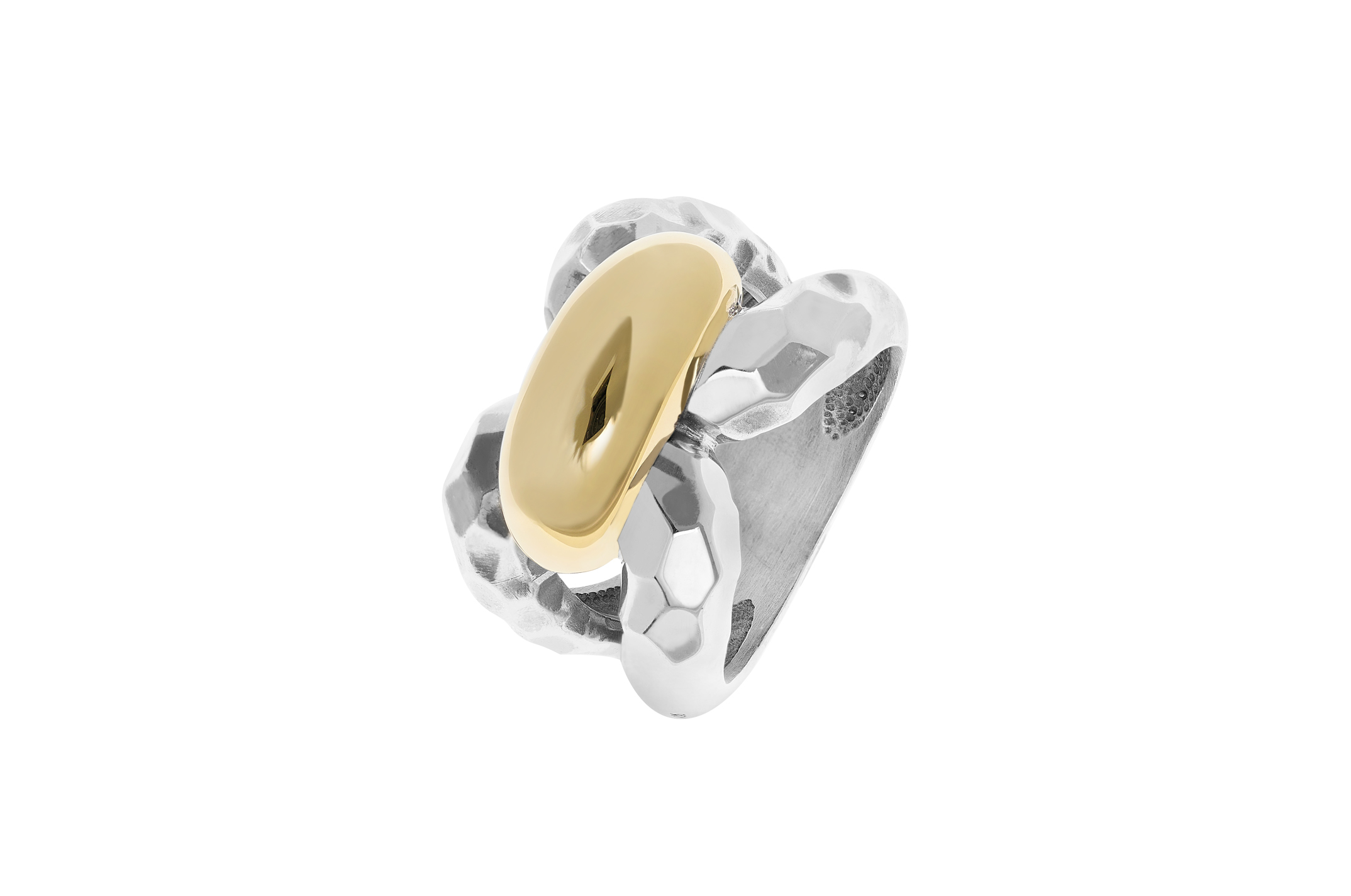 Jewel: ring;Material: 925 silver and 9K gold;Weight: 11.9 gr (silver) and 1.5 gr (gold);Color: bicolor;Thick: 1.3 cm