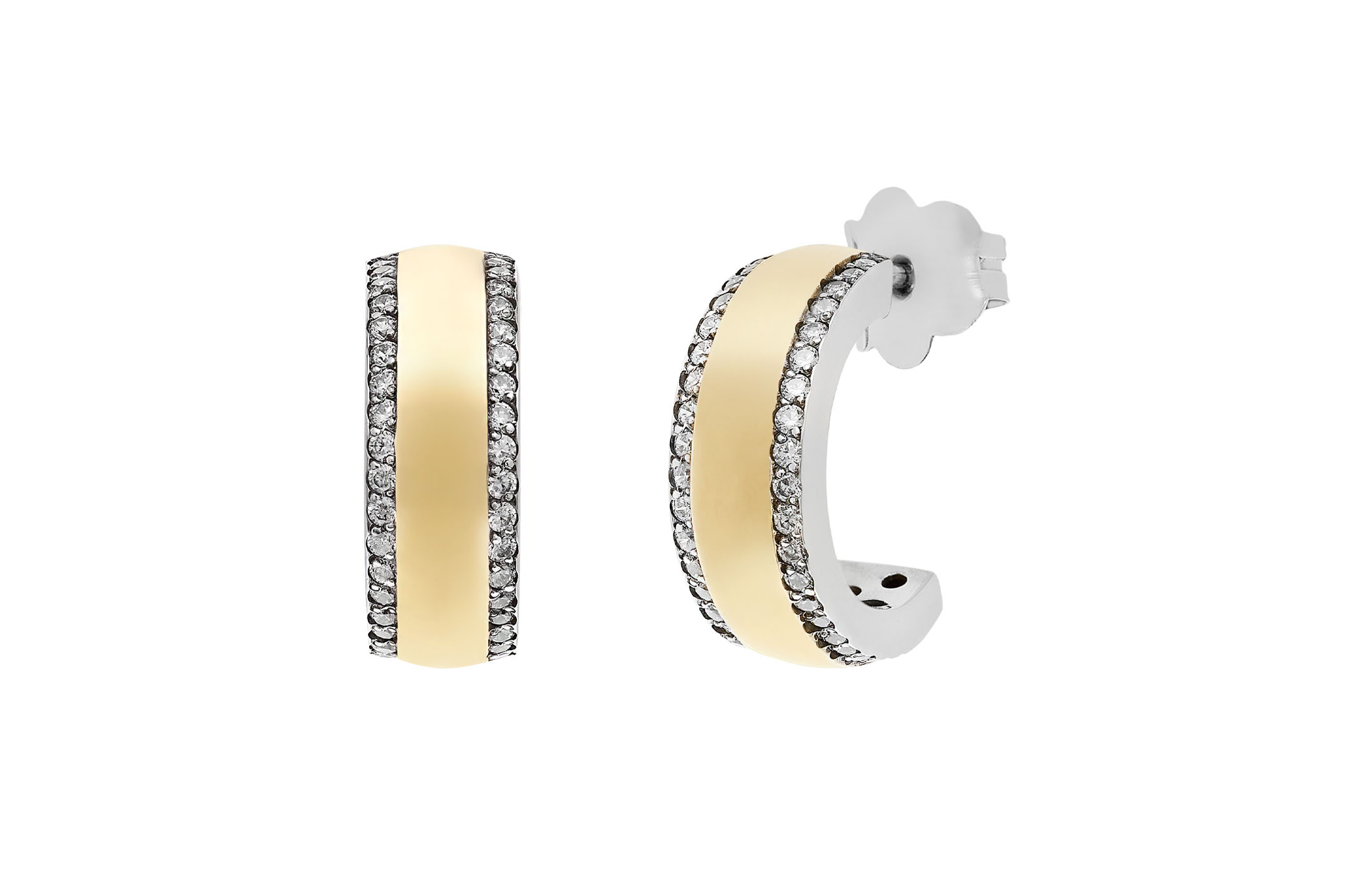 Jewel: earrings;Material: 925 silver and 9K gold;Weight: 4.8 gr (silver) and 1.7 gr (gold);Stone: zirconia;Color: bicolor;Size Height: 1.7 cm;Width: 0.6 cm