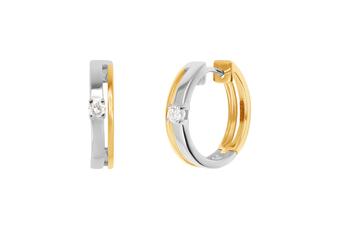 Jewel: earrings;Material: gold 18k;Weight: 4.5 gr;Stones: 2 diamonds 0.15 ct GH/VVS;Color: bicolor;Size: 1.5 cm;Thickness: 0.3 cm;Diamond size: 0.2 cm