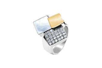 Jewel: ring;Material: 925 silver and 9K gold;Stones: mother of pearl & zirconia;Weight: 9.3 gr (silver) and 0.6 gr (gold);Color: bicolor;Top Size: 1.7 cm x 1.5 cm
