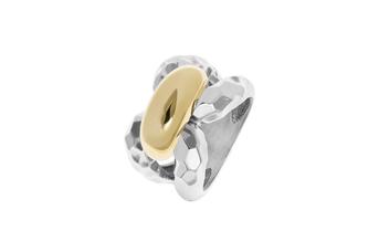 Joia: anel;Material: prata 925 e ouro 9kt;Peso: 11.9 gr (prata) e 1.5 gr (ouro);Cor: bicolor;Largura: 1.3 cm