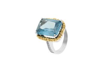 Jewel: ring;Material: 925 silver and 9K gold;Weight: 8.5 gr (silver) and 1.5 gr (gold);Stone: zirconia and quartz;Color: bicolor;Top Size: 2 x 1.5 cm